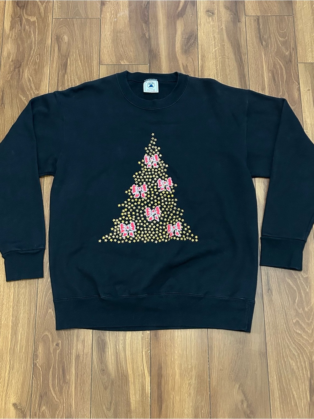 Vintage Black Crewneck Christmas Tree Sweater Large Delta Tag Festive